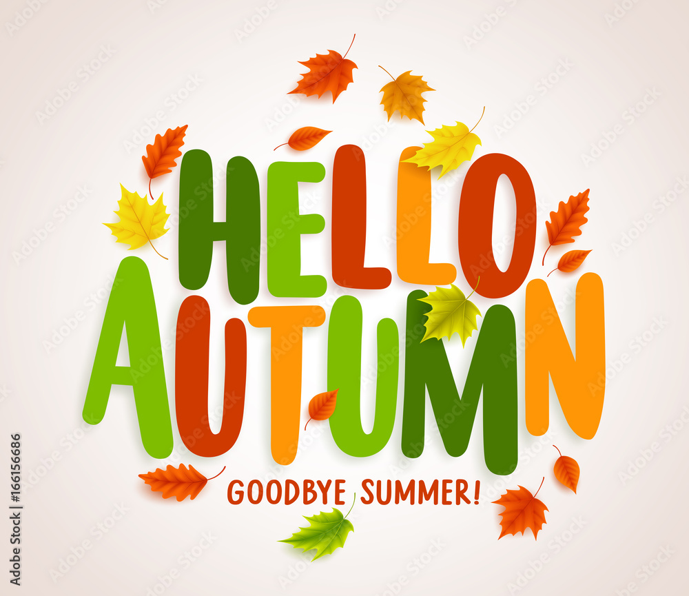 Poster hello autumn vector banner design with colorful maple leaves elements and text greetings for fall se