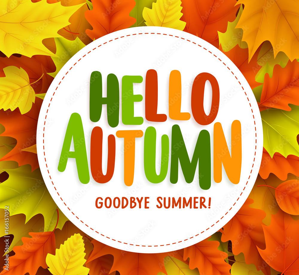 Aufkleber hello autumn text greetings vector banner design with white circle for text in fall seasonal maple l