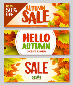 Autumn sale and hello autumn vector design set of banners and background for fall season with maple leaves. Vector illustration.
