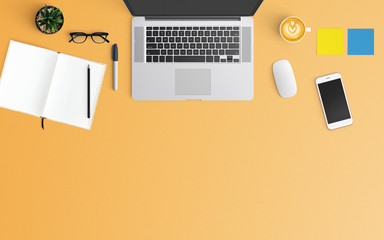 Modern workspace with coffee cup, notebook, smartphone and laptop copy space on orange color background. Top view. Flat lay style.