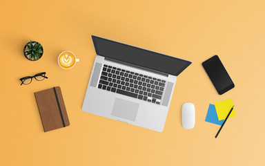 Modern workspace with coffee cup, notebook, smartphone and laptop copy space on orange color background. Top view. Flat lay style.