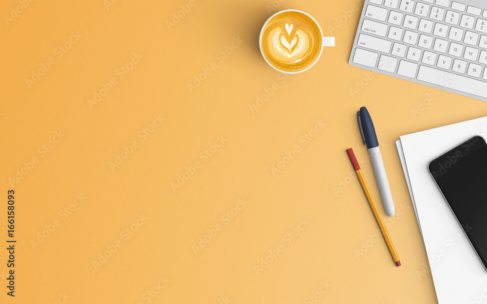 Aufkleber modern workspace with keyboard, coffee cup and smartphone copy space on color background. top view. 