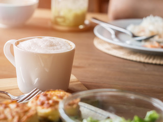 Set of food,salad ,baked spinach with cheese and coffee