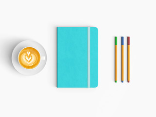 Modern office desk workplace with notebook diary, coffee cup, pencil and smartphone copy space on white desk background. Top view. Flat lay style.
