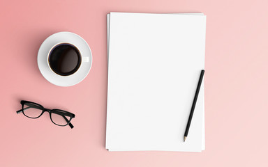 Minimal office desk workplace with blank paper, coffee cup and pencil copy space on color background. Top view. Flat lay style.