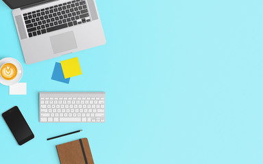 Modern workspace with coffee cup, notebook, smartphone and laptop copy space on Blue color background. Top view. Flat lay style.