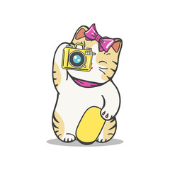 Cute kitten makes photo. Vector cartoon character cat photographer