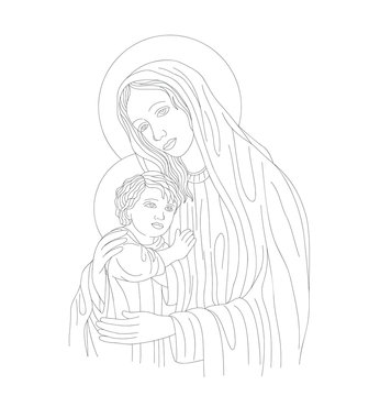 Mother Mary and Son Linr Art, vector design