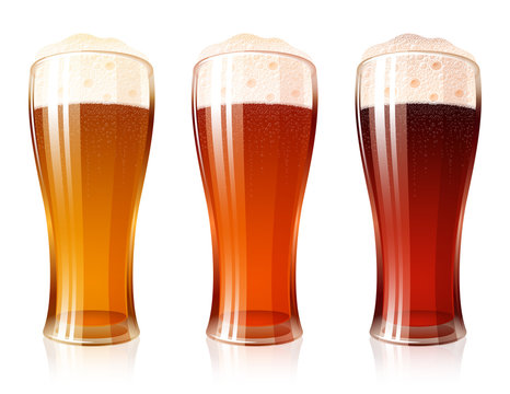 Glass of beer with a varieties of foamy Beer Light Lager, Cool Red, Dark Porter; High detailed realistic vector icon set for a brewing theme. No Mesh