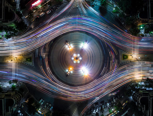 Light Trail on the Democracy Monument in Thailand form aerial photography top view, look like...
