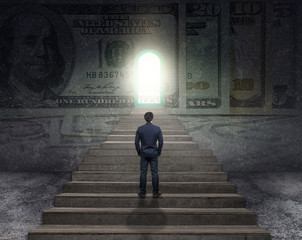 Businessman climbed on middle of the stairs for detroyed the money wall background, Success business and Ambitions concept, Wall of income concept
