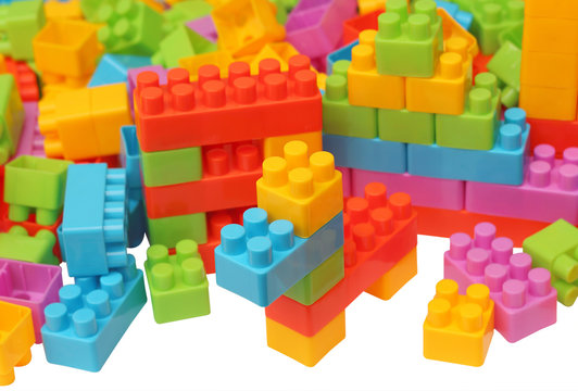 building plastic toy blocks with blurred background
