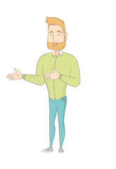 Young caucasian happy hippie man gesturing.