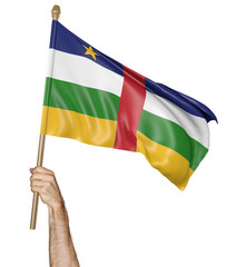 Hand proudly waving the national flag of Central African Republic isolated on a white background, 3D rendering