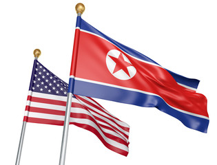 North Korea and United States flags flying together for important diplomatic talks, 3D rendering