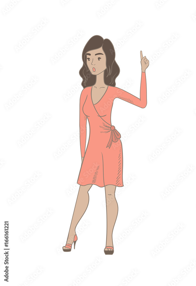 Sticker hispanic woman with open mouth pointing finger up.