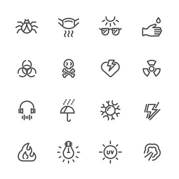 Pollution and Protective Equipment. Vector line icons