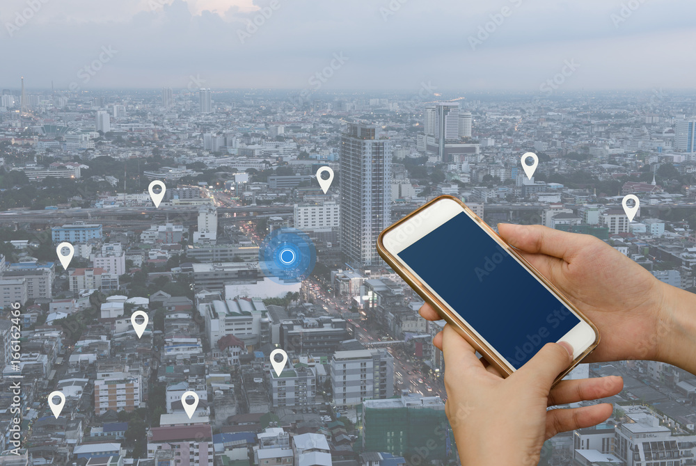 Poster searching location on satellite navigation system