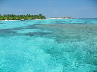 Beautiful tropical Maldives island with water villa, beach , boat, sea , coral and coconut palm tree on blue sky for nature holiday vacation background concept.