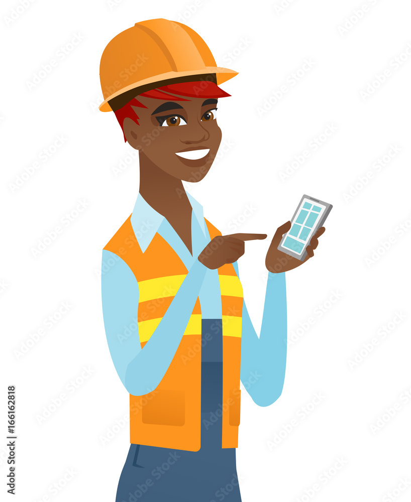 Sticker Young african builder holding a mobile phone.