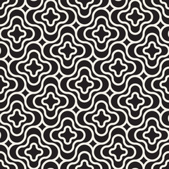 Vector Seamless Black And White Lines Pattern Abstract Background. Cross Shapes Geometric Tiling Ornament.