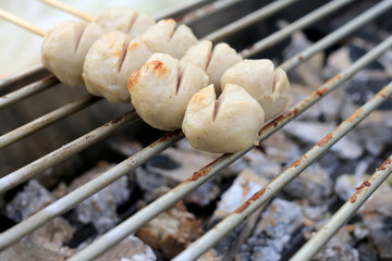 Grilled meatballs on the stove. Thai Street Food .