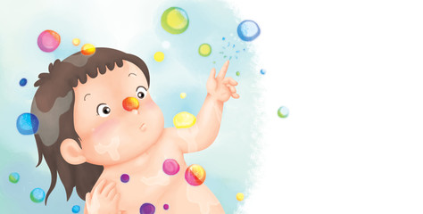 Cartoon Cute Little girl shower and playing foam