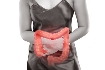 The woman has food poisoning and enteritis, isolate on white background