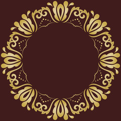 Oriental vector round frame with arabesques and floral elements. Floral golden border with vintage pattern. Greeting card with place for text