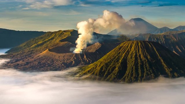 Time Lapse of Mount Bromo volcano (Gunung Bromo) during sunrise from viewpoint on Mount Penanjakan in Bromo Tengger Semeru National Park, East Java, Indonesia.