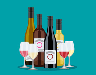 set of bottles of wine, flat design