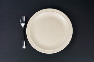 Plate and fork isolated on black background