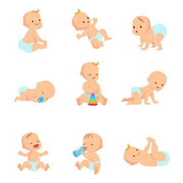 Infant baby vector characters. Newborn in different activity isolated on white