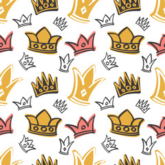 Cute princess birthday vector seamless pattern with pink and gold crowns