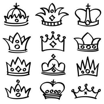 Luxury doodle queen crowns vector sketch collection
