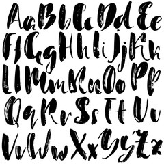 Hand drawn dry brush font. Modern brush lettering. Grunge style alphabet. Vector illustration.