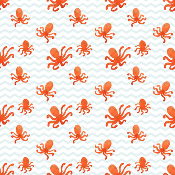 Sea watercolor seamless pattern with the image of waves and octopuses. Red sea pattern seamless background in watercolor. Seamless pattern with sea stars andoctopuses. Ocean, water, sea.