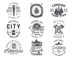 Fototapeta premium Vintage hand drawn travel badge and emblem set. Hiking labels. Outdoor adventure inspirational logos. Typography retro style. Motivational quotes for prints, t shirts. Stock vector design