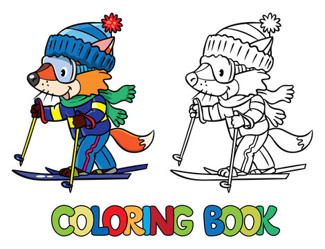 Funny fox rides on skis. Coloring book