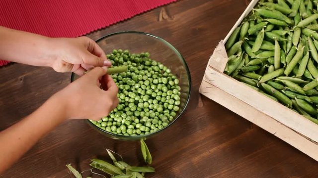 Young girl hands shelling peas into a glass bowl - closeup on hands, top view, static camera