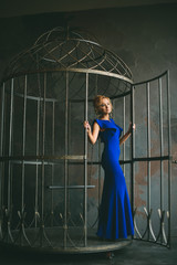 Красивая девушка в длинном синем вечернем платье стоит в клетке в интерьерной студии