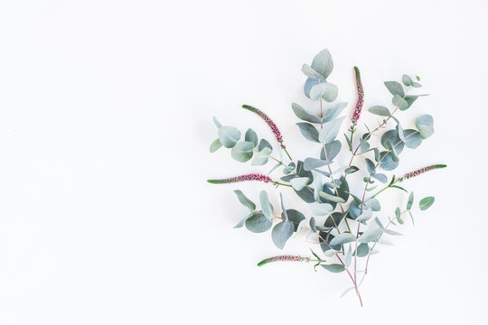 Flowers composition. Pattern made of pink flowers and eucalyptus branches on white background. Flat lay, top view, copy space