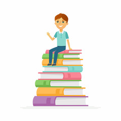 School Boy - characters of happy child sitting on books