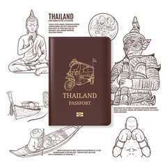 Thailand passport, Thailand travel, Hand drawn Thailand vector illustration.