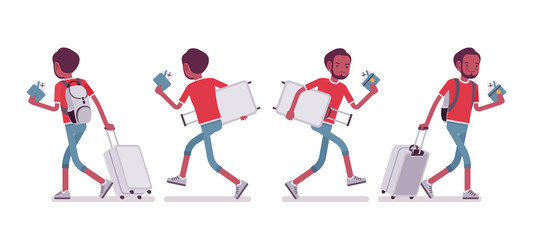 Black male tourist walking and running
