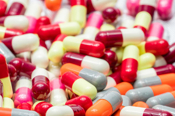 Colorful of antibiotic capsules pills , drug resistance