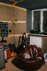 Equipment for old recording music studio. Old-fashioned place, garage with musical instruments