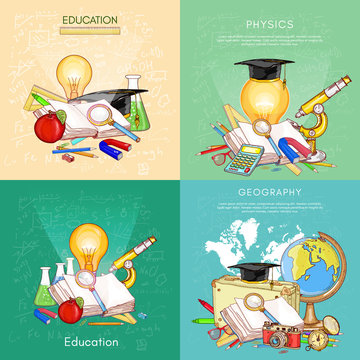 Back to school set. Biology, geography, physics, chemistry, school objects. open book knowledge concept of education vector
