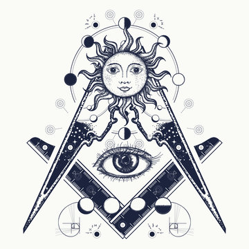 Masonic symbol tattoo and t-shirt design. All seeing eye. Alchemy, medieval religion, occultism, spirituality and esoteric tattoo. Magic eye t-shirt design. Mysteries of knowledge of mankind
