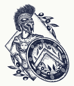 Spartan warrior tattoo art. Legionary of ancient Rome and ancient Greece tattoo. Symbol of bravery, force, army, hero. Spartan warrior t-shirt design
